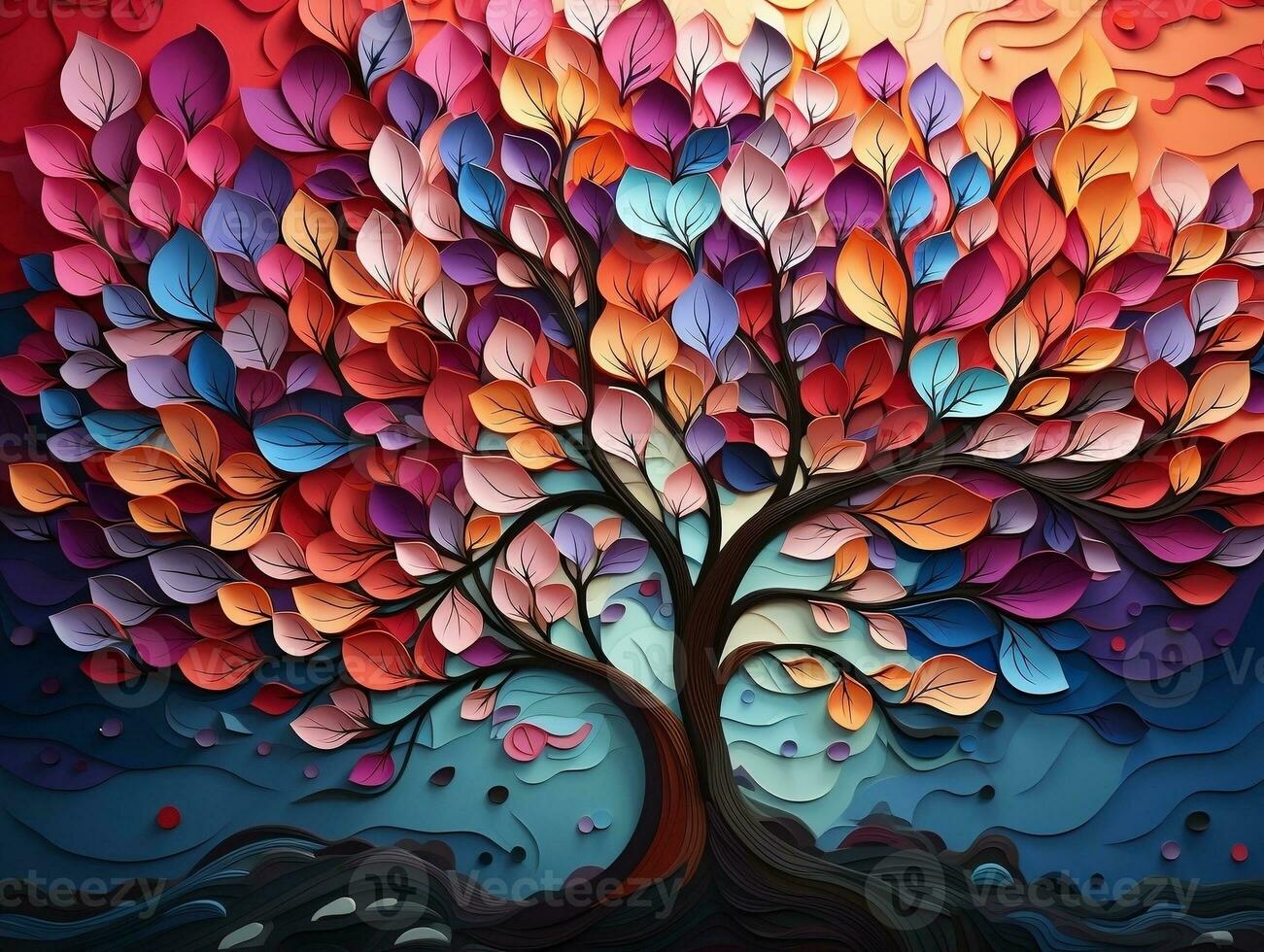 Colorful tree with leaves on hanging branches illustration background. 3d abstraction interior mural wall art decor generative ai photo
