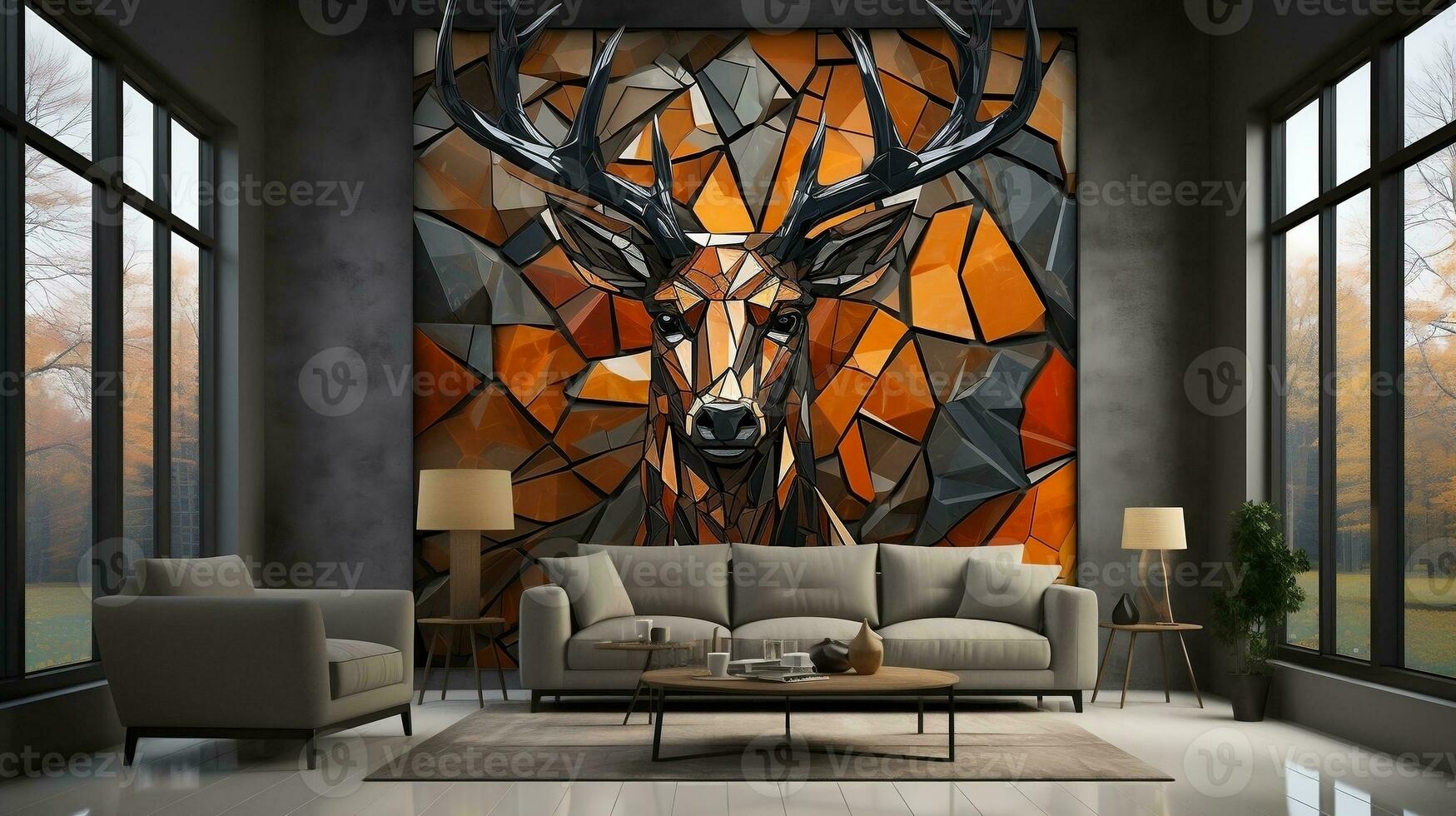 3d interior wall art decor living room with stereo deer animal and abstract geometric crack stone wall generative ai photo