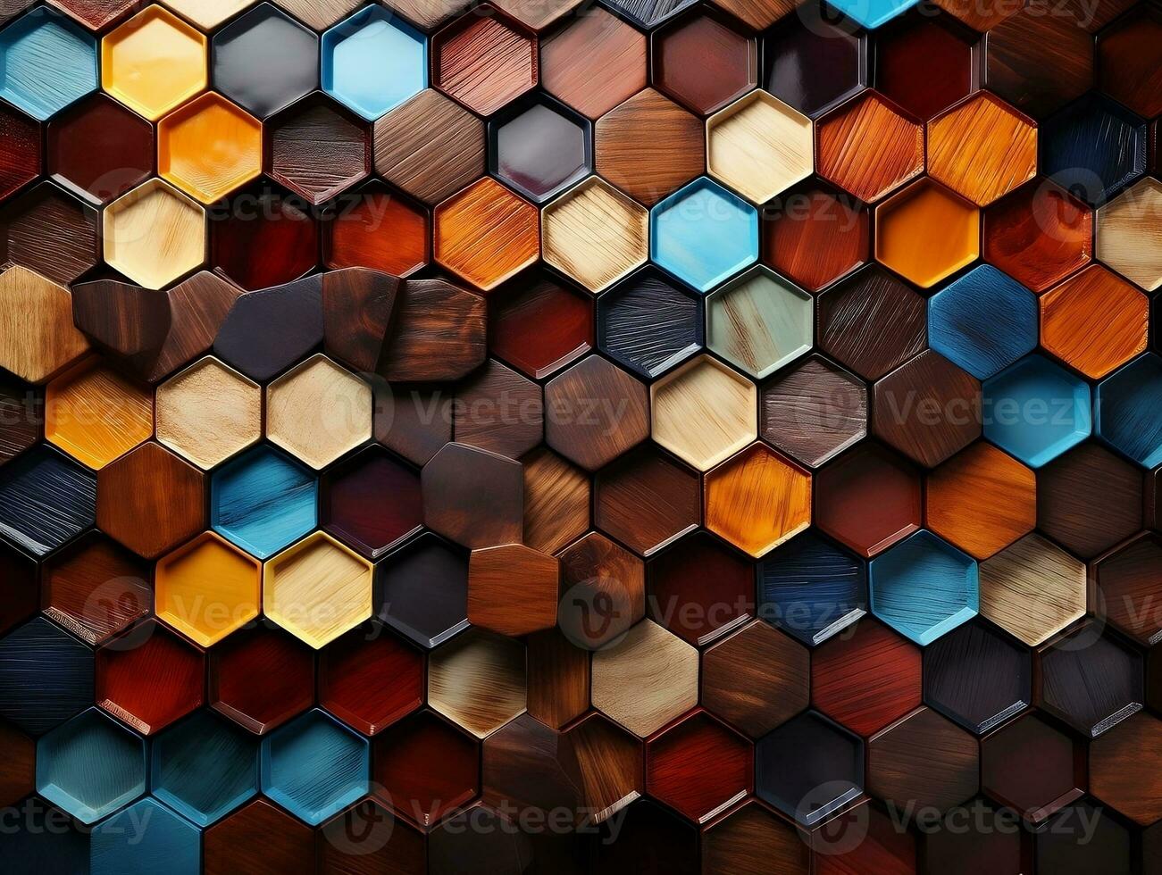 Abstract wooden seamless hexagonal mosaic tiles background with hexagons cubes in wooden texture generative ai photo