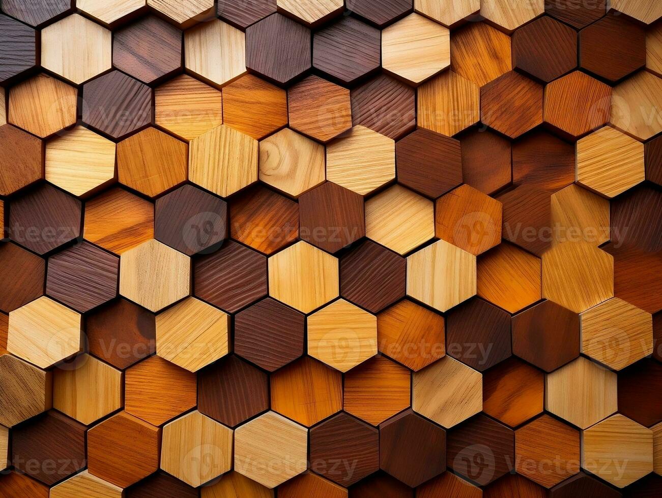 Abstract wooden seamless hexagonal mosaic tiles laid down in consisting of wooden texture generative ai photo