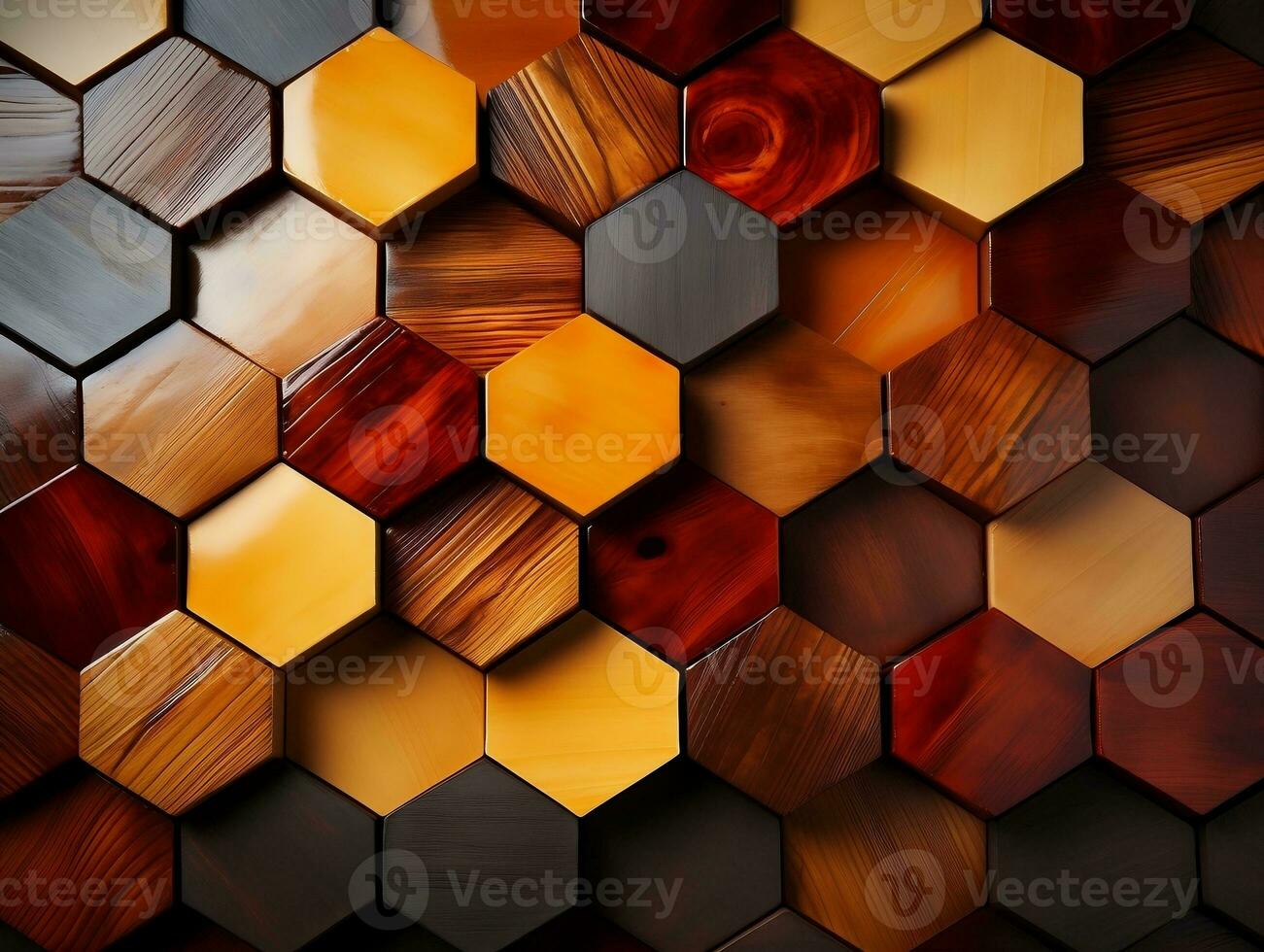 Abstract wooden seamless hexagonal mosaic tiles background with hexagons cubes in wooden texture generative ai photo