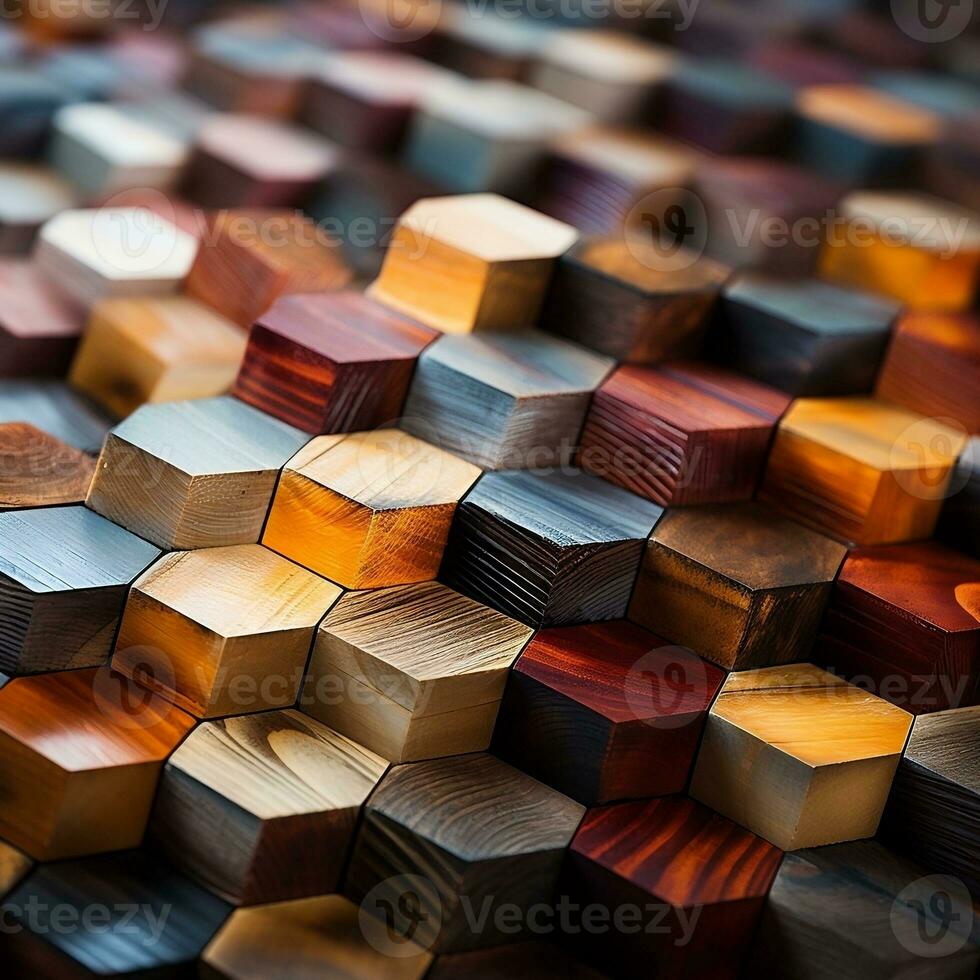 Abstract wooden seamless hexagonal mosaic tiles background with hexagons cubes in wooden texture generative ai photo