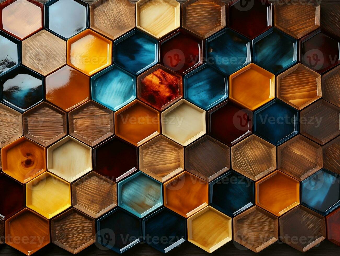 Abstract wooden seamless hexagonal mosaic tiles background with hexagons cubes in wooden texture generative ai photo