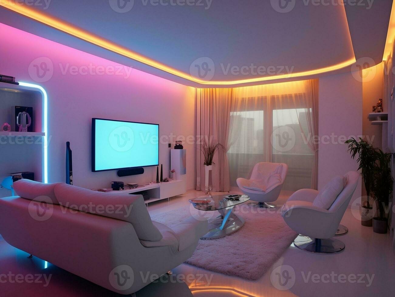 Modern smart living room with multicolor led light generative ai photo