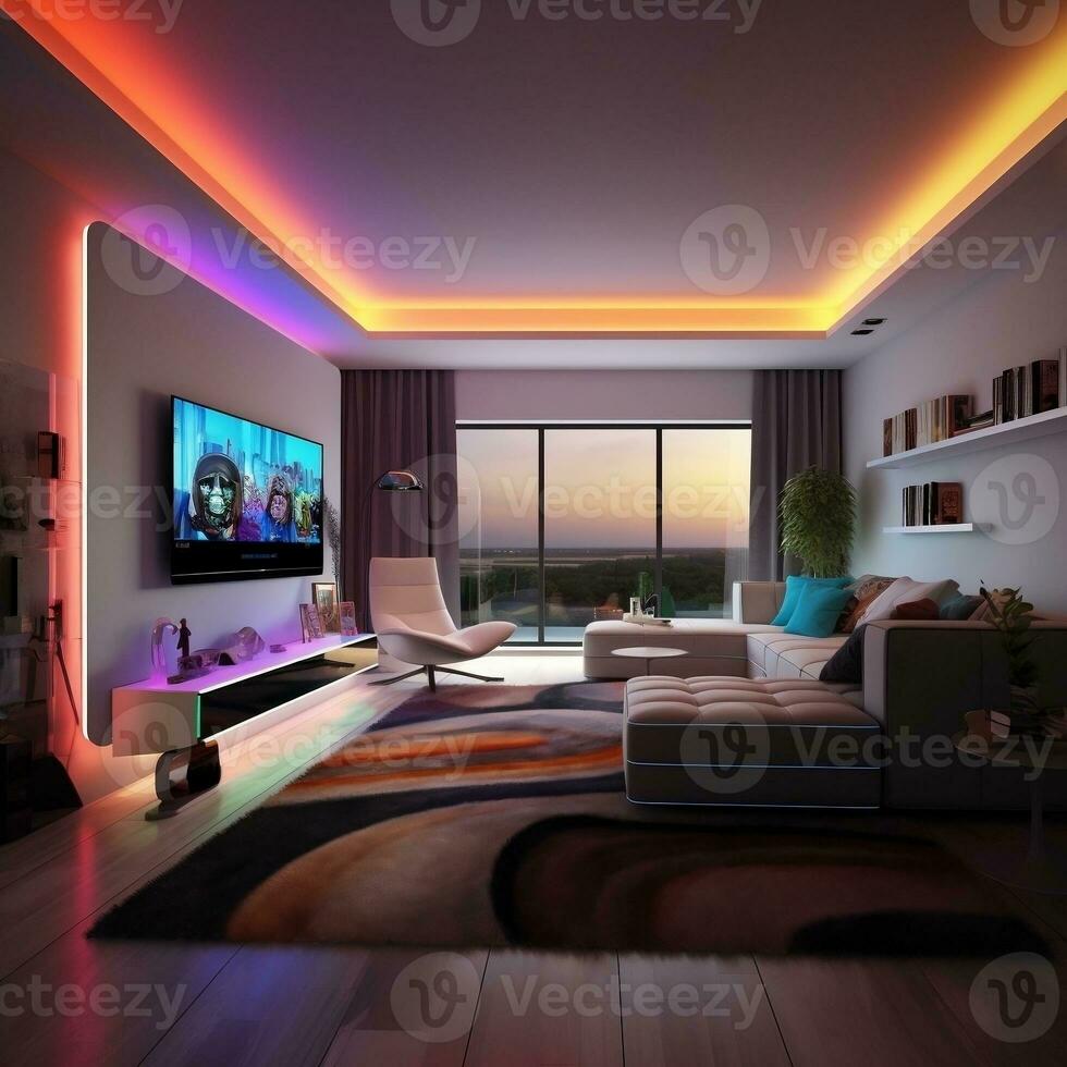 Modern smart living room with multicolor led light generative ai photo