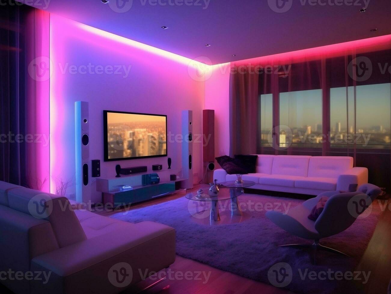 Modern smart living room with multicolor led light generative ai photo