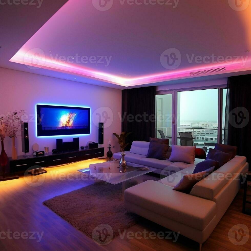 Modern smart living room with multicolor led light generative ai photo