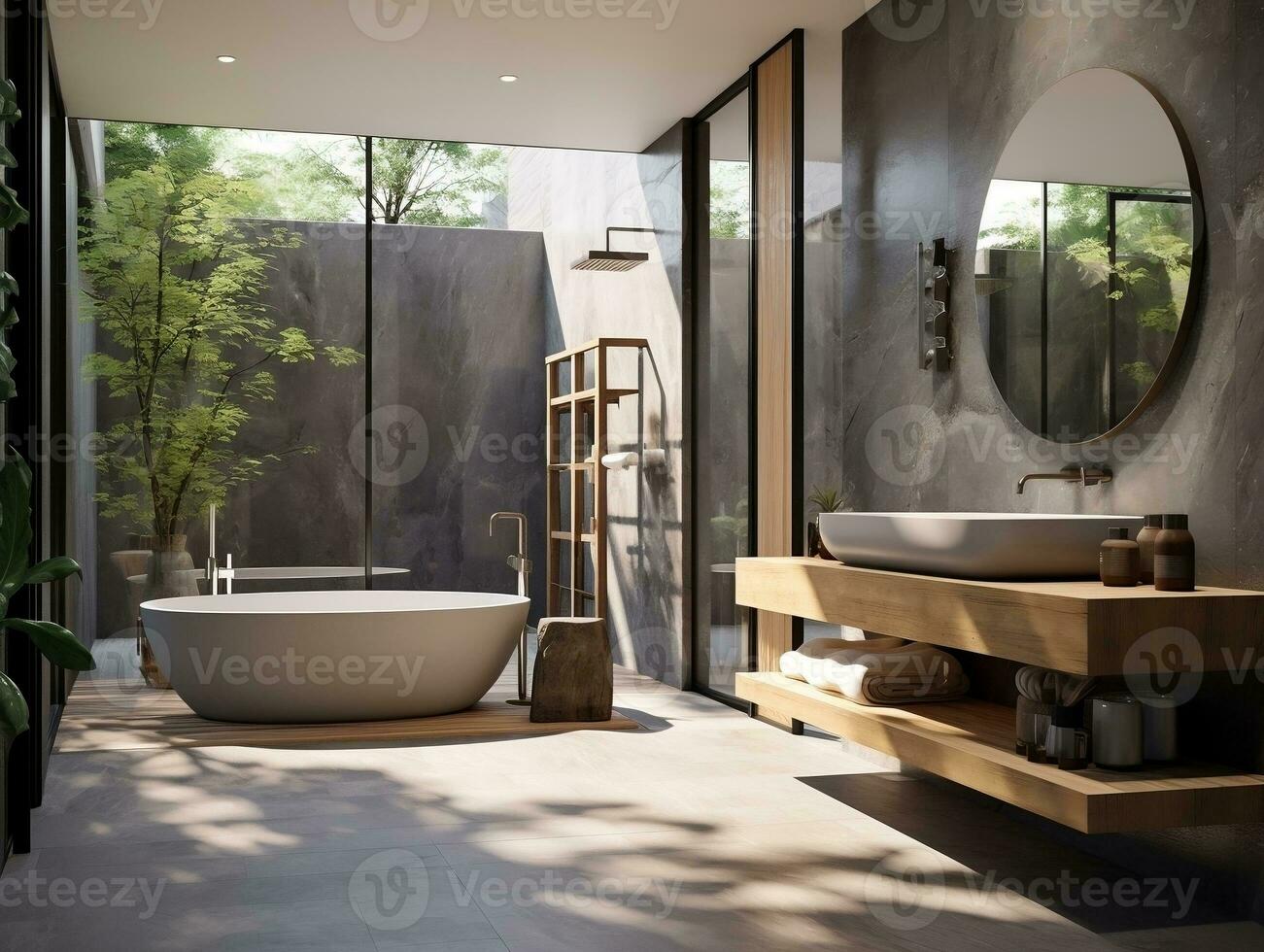 Modern bathroom featuring a natural stone countertop with an integrated sink, a round mirror, a shower cabin, a round bathtub generative ai photo