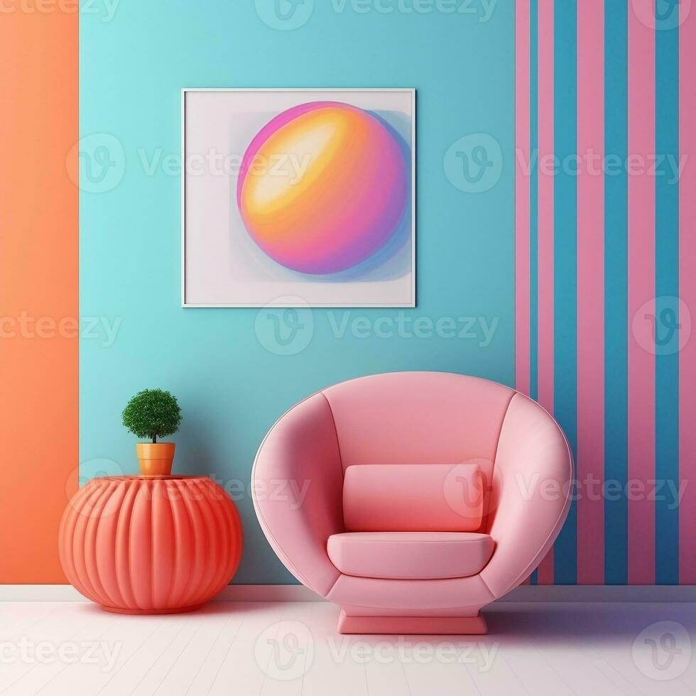 Pastel multi-color vibrant groovy retro striped background wall frame with bright armchair interior home design generative ai photo