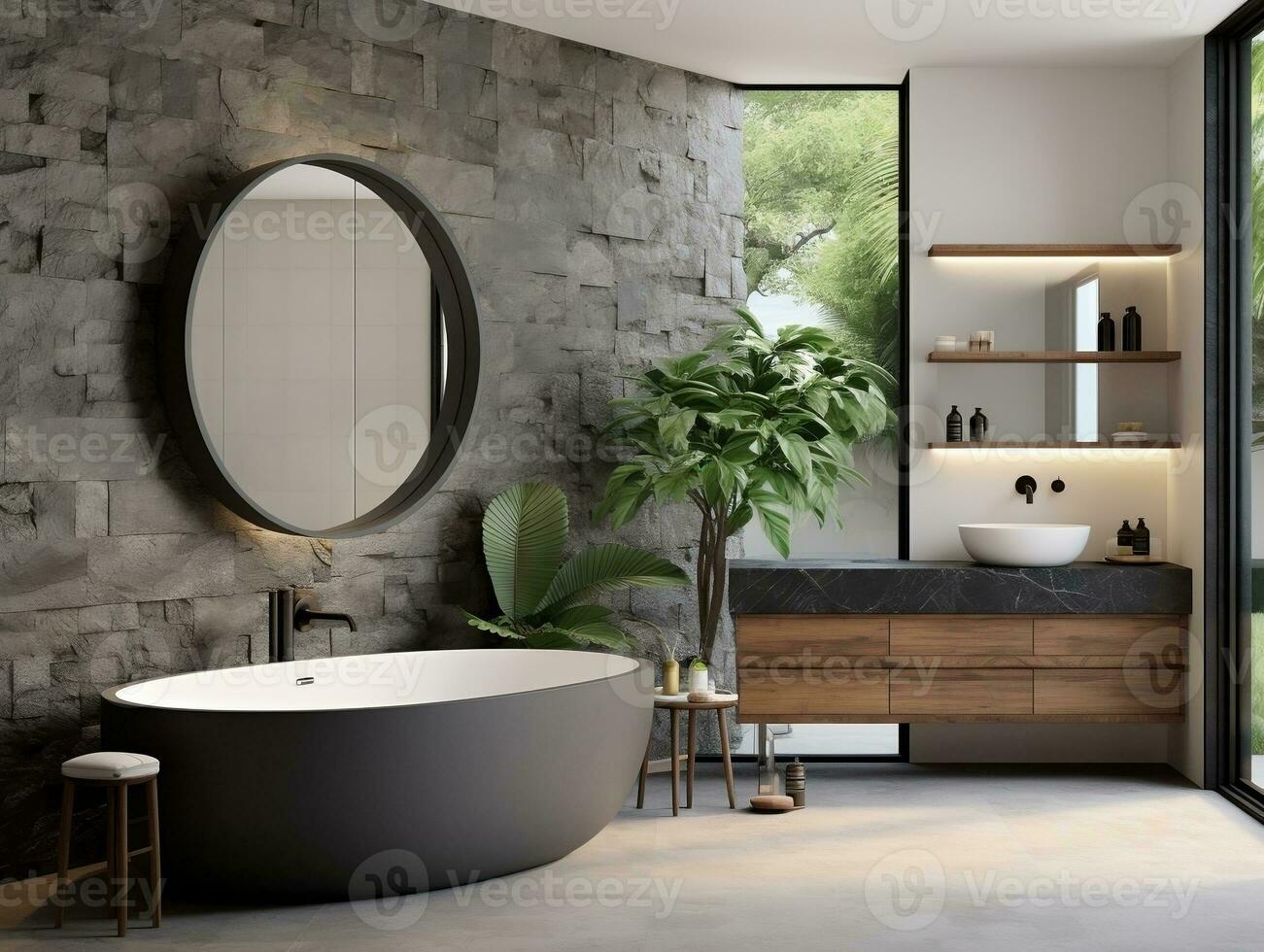 Modern bathroom featuring a natural stone countertop with an integrated sink, a round mirror, a shower cabin, a round bathtub generative ai photo