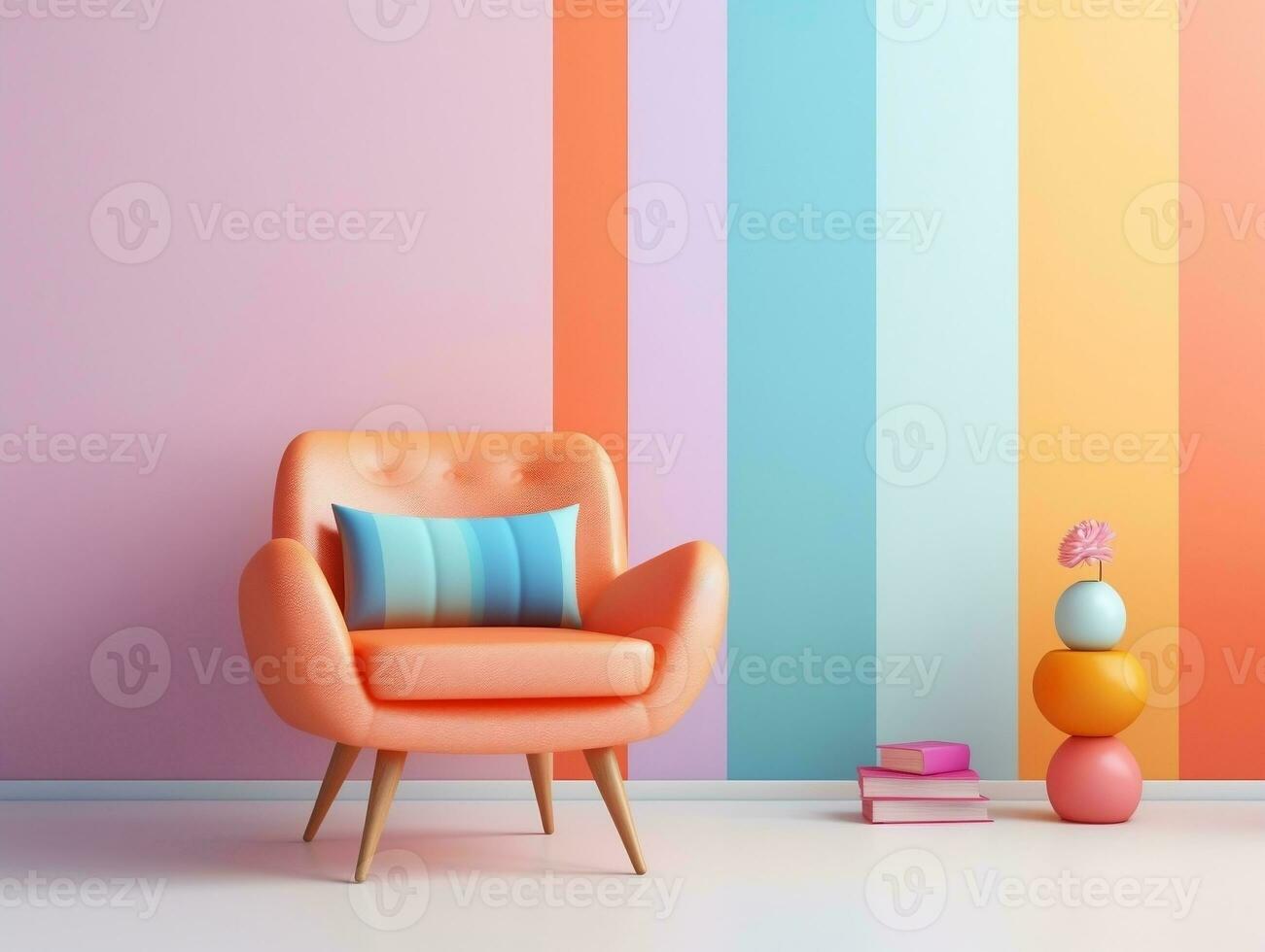 Pastel multi-color vibrant groovy retro striped background wall frame with bright armchair interior home design generative ai photo