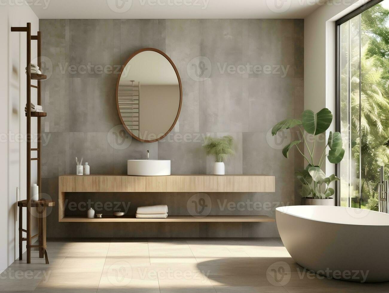 Mid-century bathroom with modern wash basin and flush toilet, light blue  cabinet and picture frame, white tile wall and marble tile floor. 3d  rendering 12569710 Stock Photo at Vecteezy