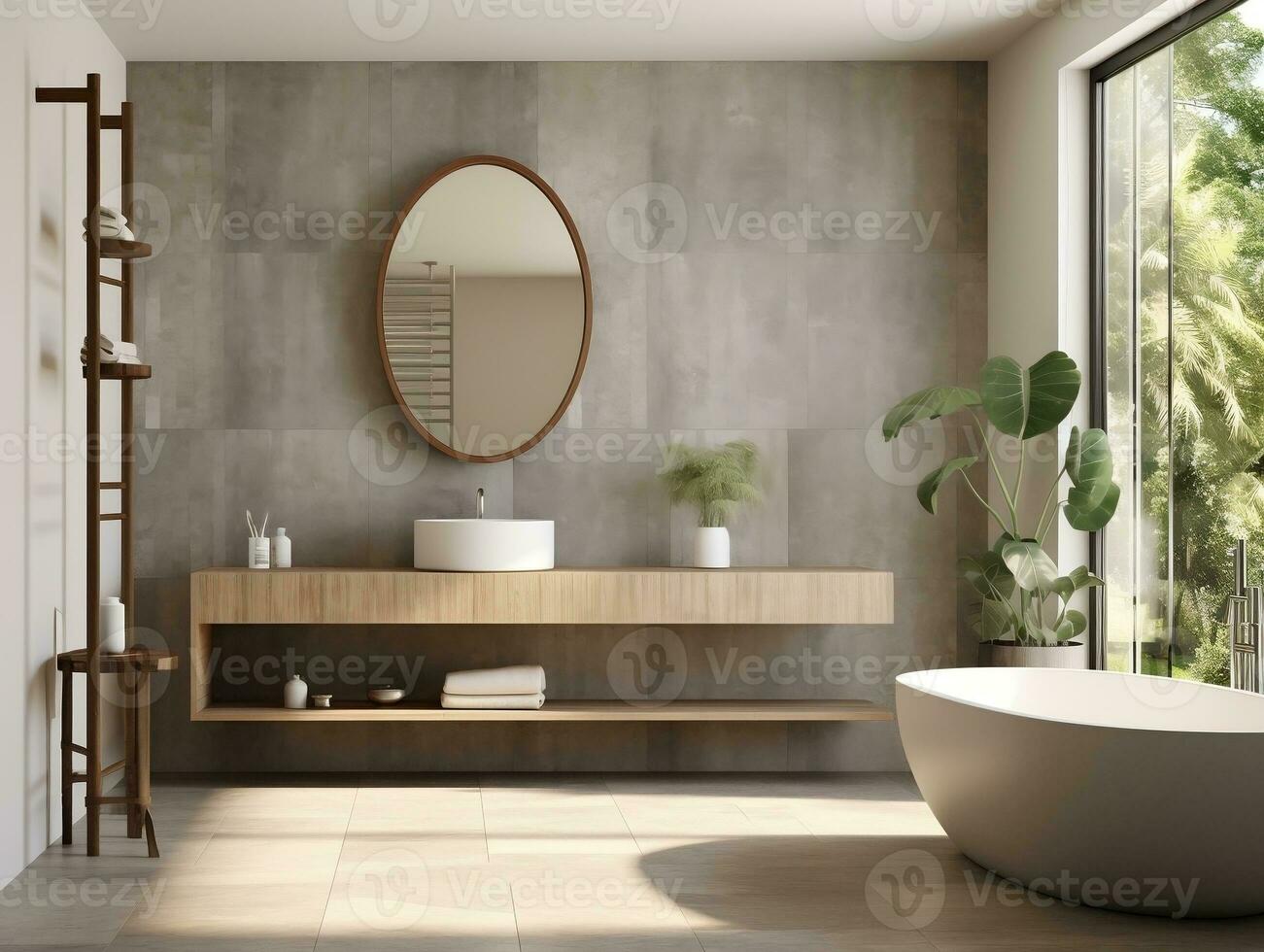 Modern bathroom featuring a natural stone countertop with an integrated sink, a round mirror, a shower cabin, a round bathtub generative ai photo