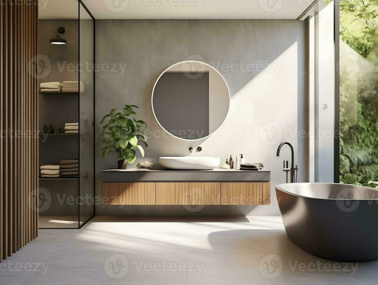 Modern bathroom featuring a natural stone countertop with an integrated sink, a round mirror, a shower cabin, a round bathtub generative ai photo