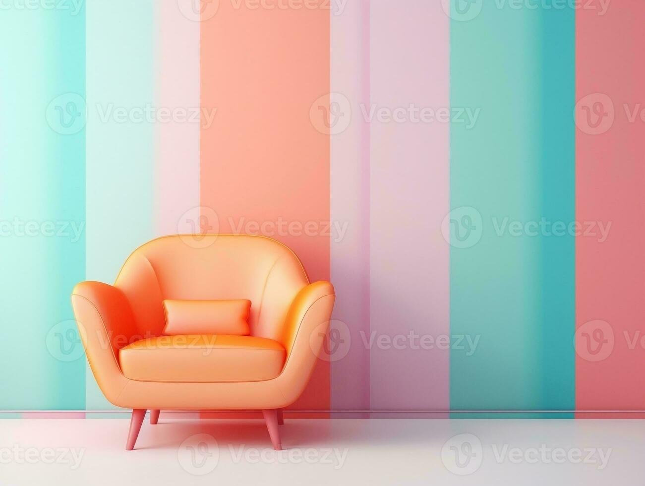 Pastel multi-color vibrant groovy retro striped background wall frame with bright armchair interior home design generative ai photo