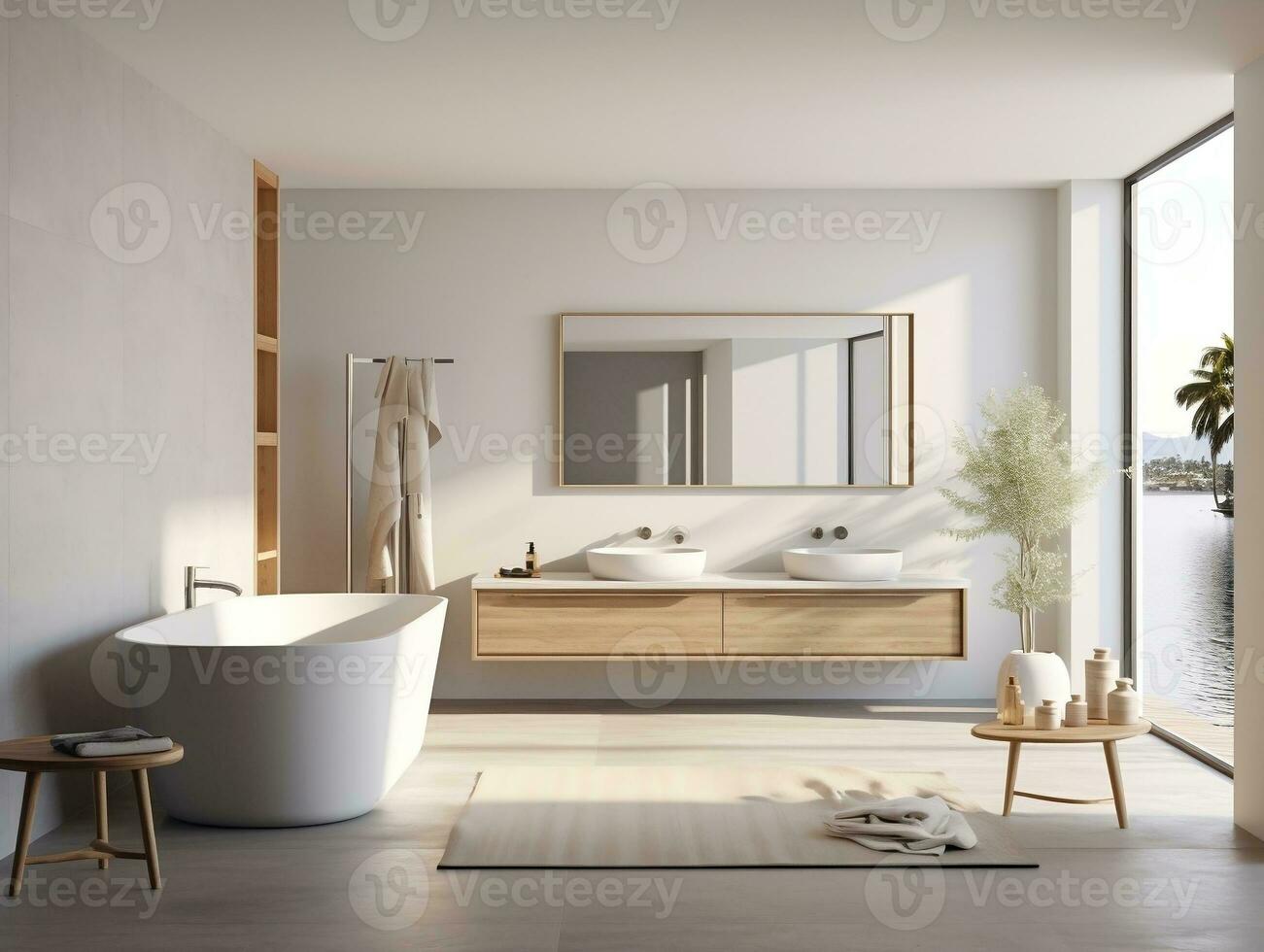 Mid-century bathroom with modern wash basin and flush toilet, light blue  cabinet and picture frame, white tile wall and marble tile floor. 3d  rendering 12569710 Stock Photo at Vecteezy