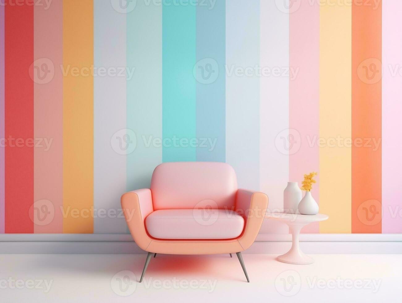Pastel multi-color vibrant groovy retro striped background wall frame with bright armchair interior home design generative ai photo