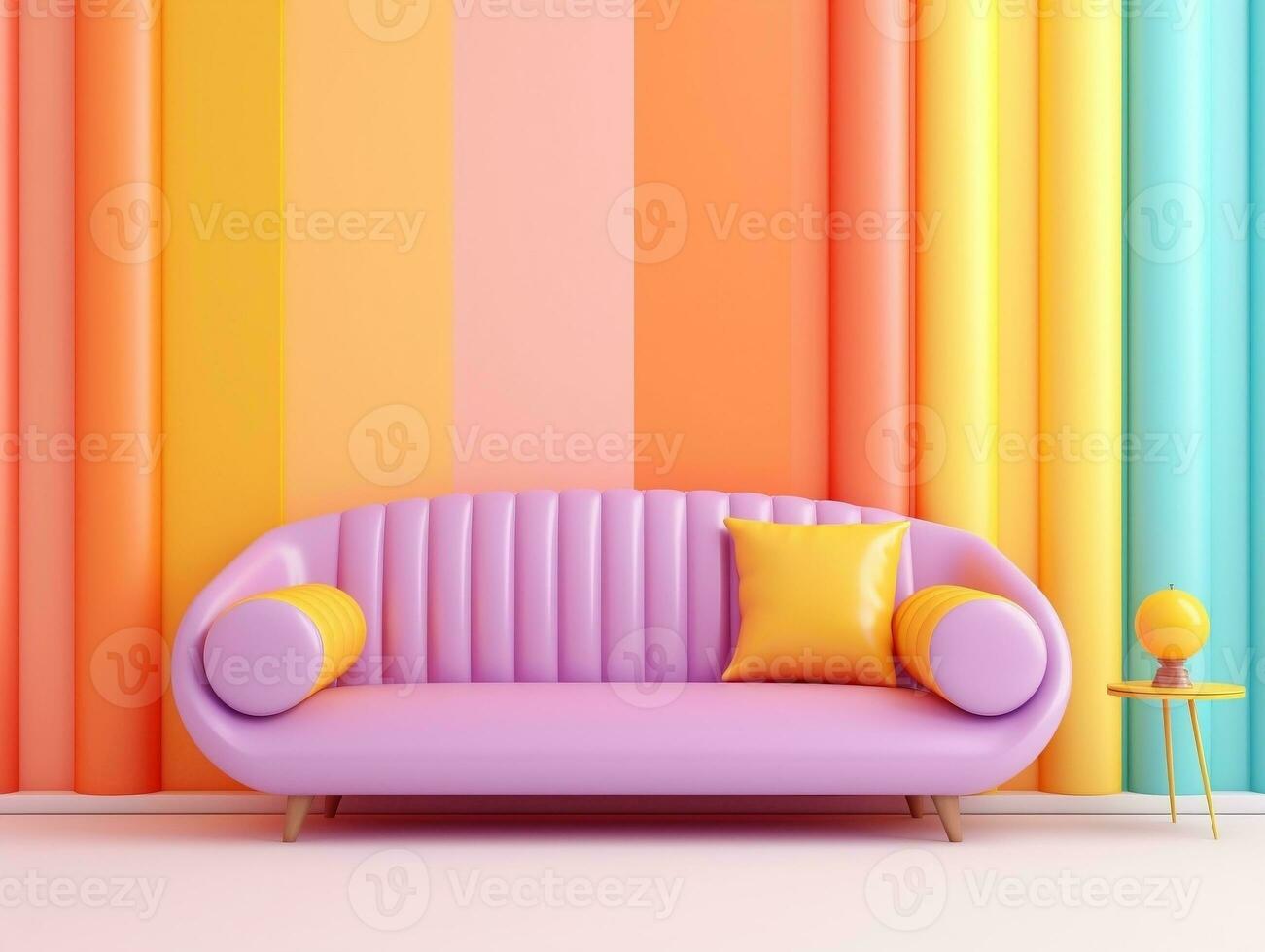 Pastel multi-color vibrant groovy retro striped background wall frame with bright sofa interior home design generative ai photo