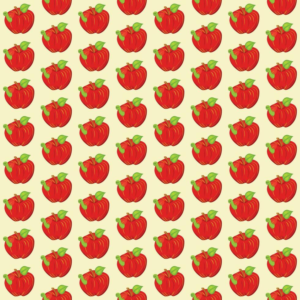 Red apple with a smiling worm. Seamless pattern. Vector illustration.