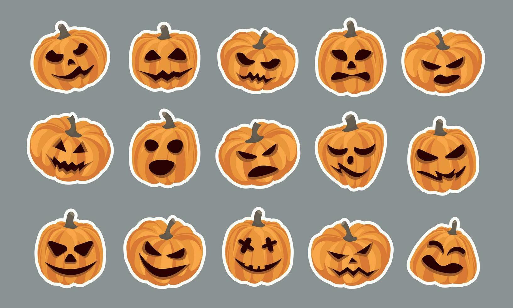 Halloween pumpkin stickers with white outline isolated on gray background. Set of stickers. Vector illustration.