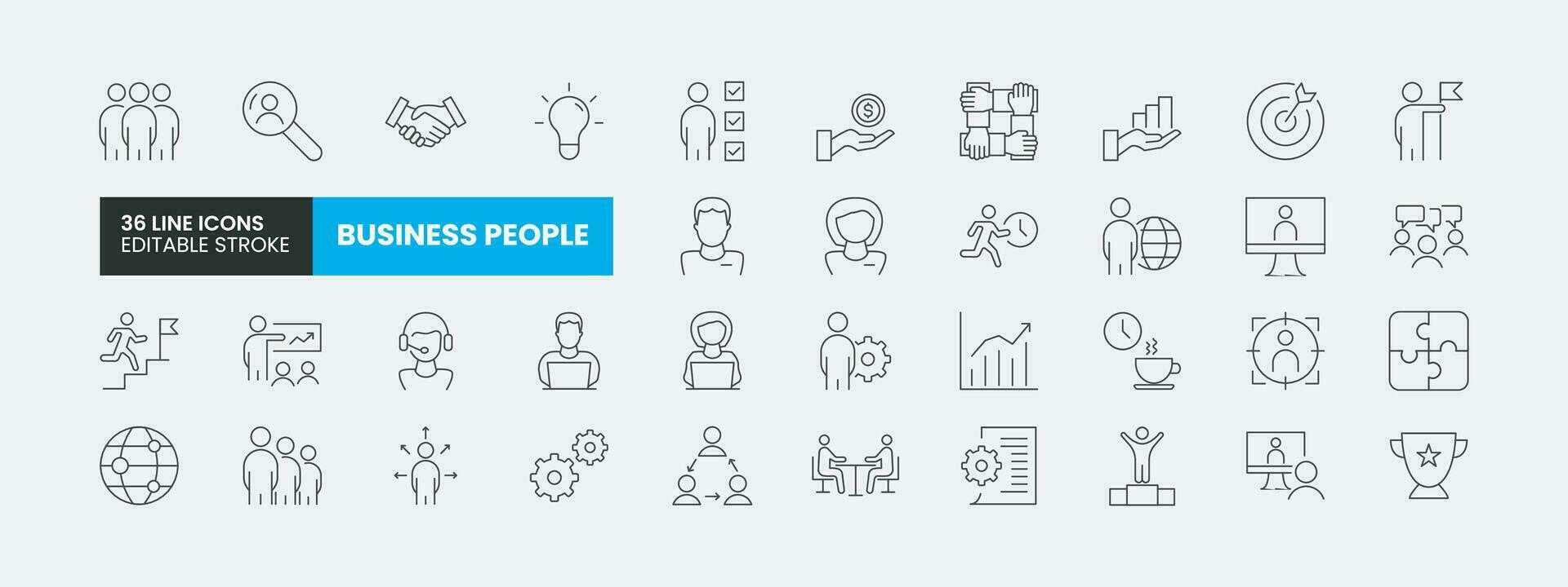 Set of 36 Business people line icons set. Business outline icons with editable stroke collection. Includes, team, teamwork, partnership, meeting and more icons. vector