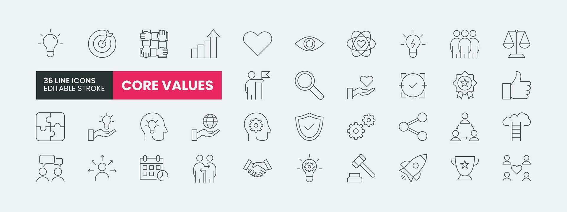 Set of 36 Core Value Outline Icons. Core Values thin line Icons with editable stroke. Includes core values, achievement, focus, goal, team, and more icons. vector