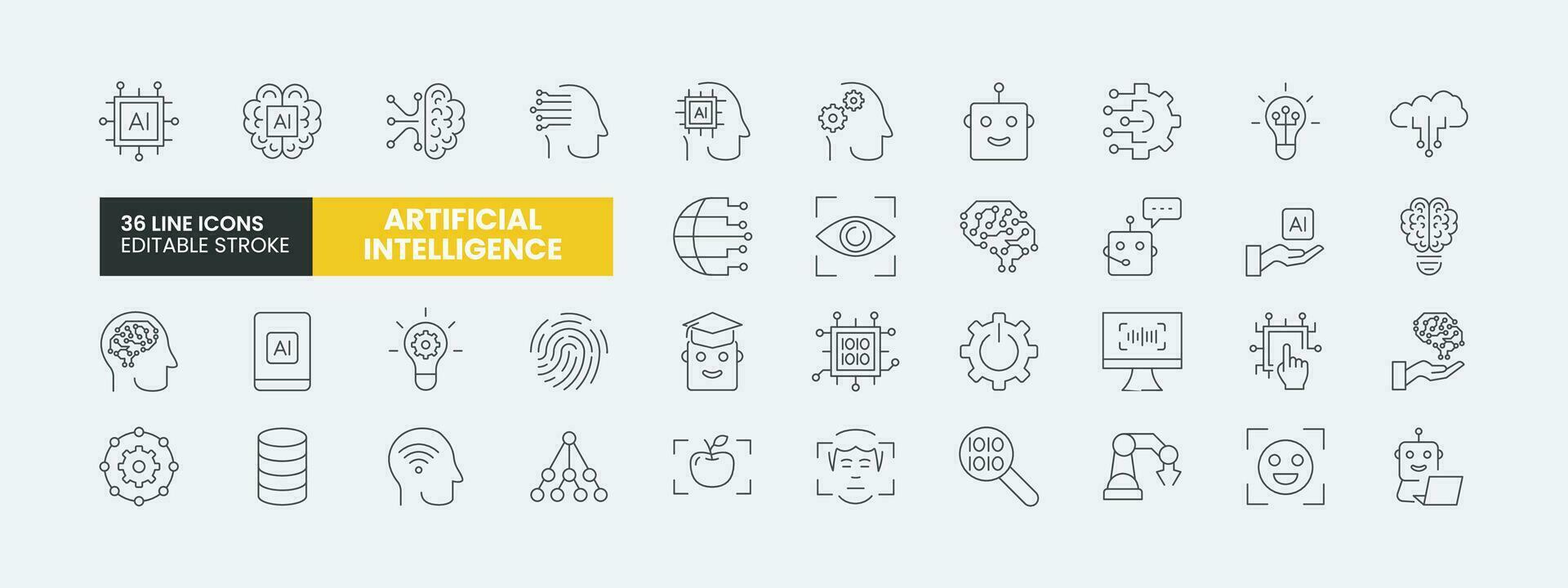 Set of 36 Artificial intelligence line icons set. AI outline icons with editable stroke collection. Includes machine learning, smart robotic and cloud computing network digital AI technology. vector