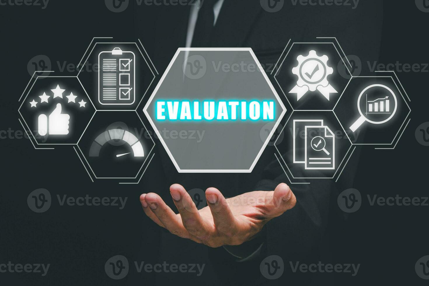 Evaluation concept, Business person hand holding evaluation icon on virtual screen. photo