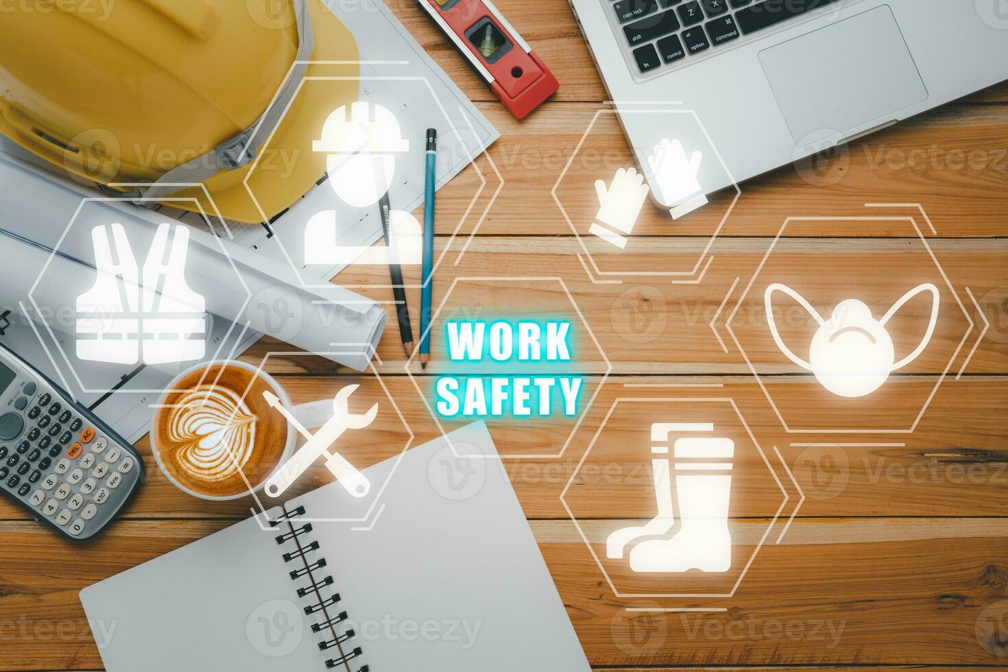 Work safety concept, Top view engineer office with VR screen work safety icon, First secure rules. Health protection, personal security people on job. photo