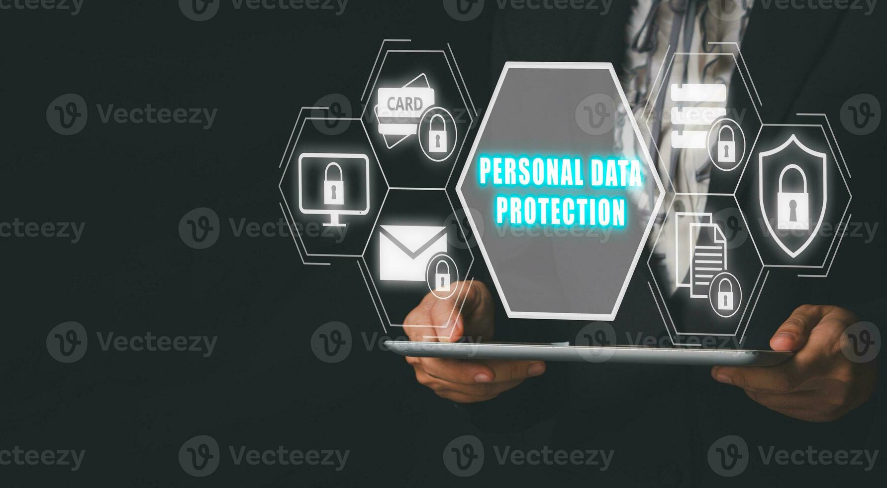 Personal data protection concept, Businesswoman hand holding tablet with personal data protection icon on virtual screen. photo