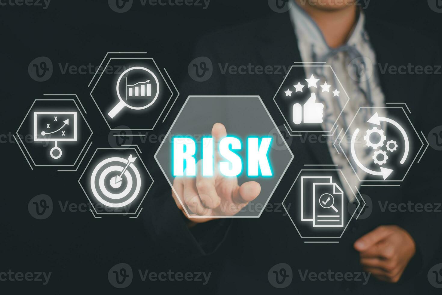 Risk management strategy plan finance investment internet business technology concept, Person hand touching icons risk management on virtual screen photo