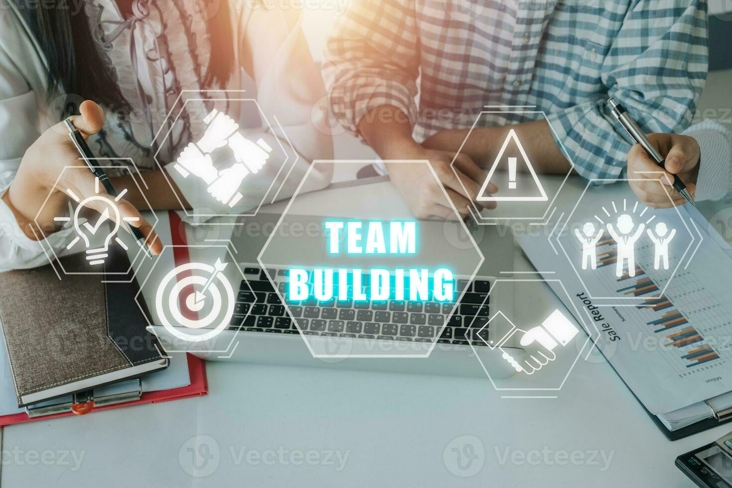 Team building concept, Business team worker working in office with team building icon on virtual screen. photo