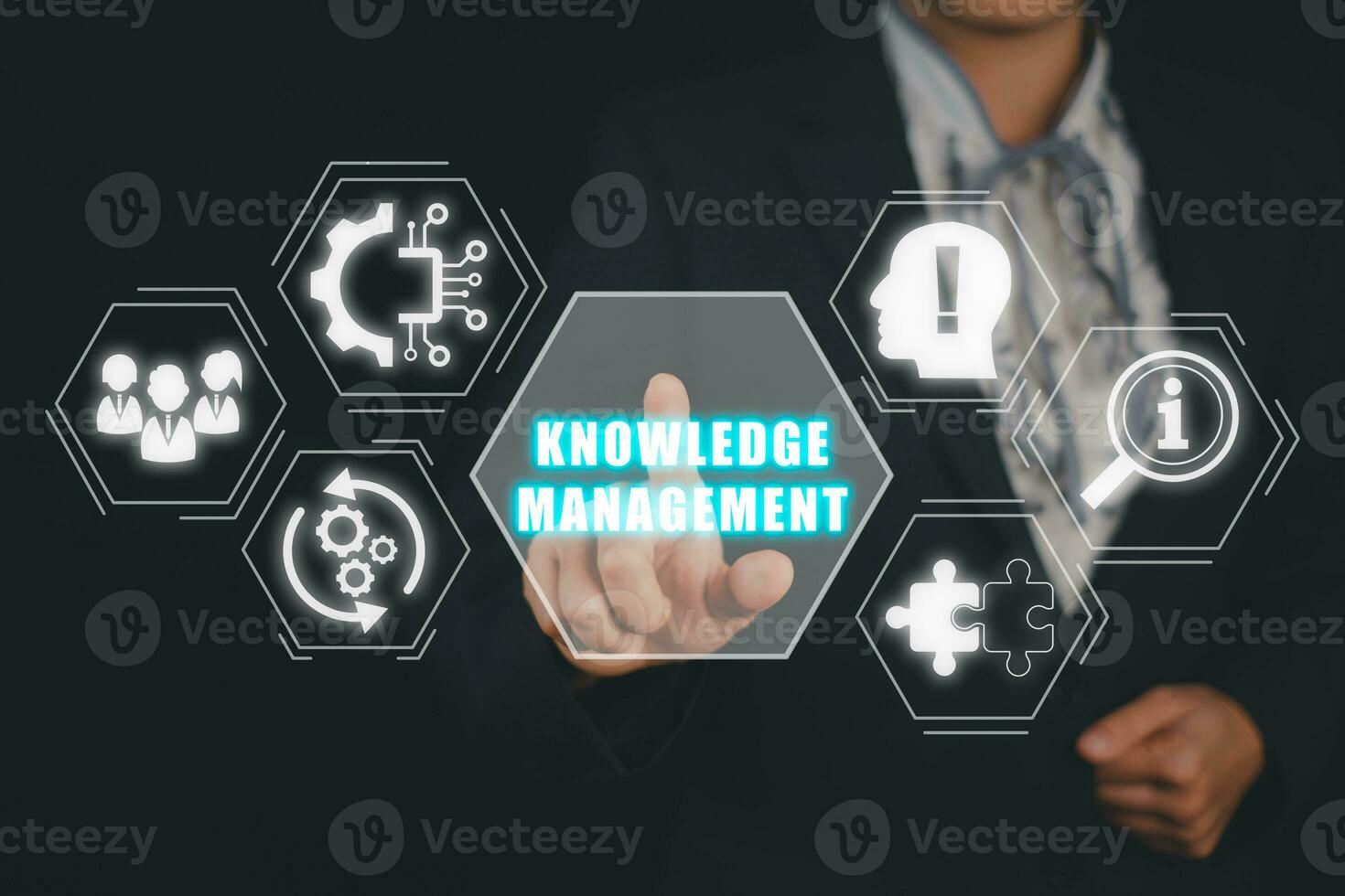 knowledge management concept, Businesswomanman hand touching knowledge management icon on virtual screen. photo