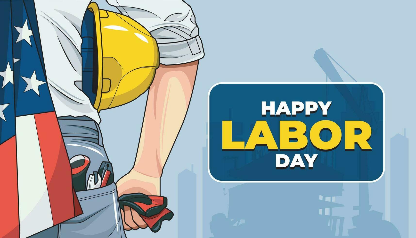Happy Labor Day banner. Design template. A construction worker holding tools and a US flag in his hands vector illustration pro download