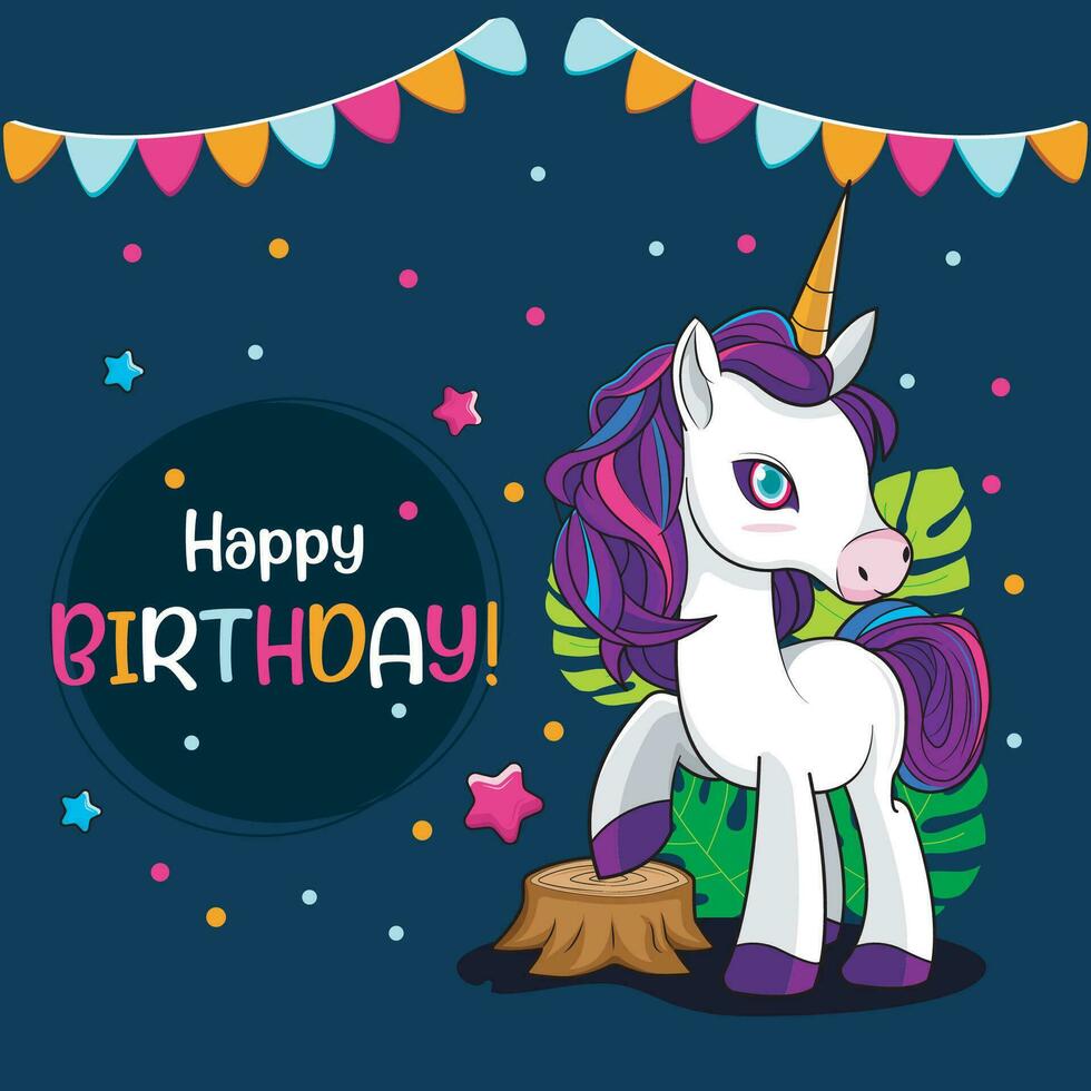 contento cumpleaños saludo tarjeta con árbol y linda pequeño unicornios vector ilustración gratis descargar