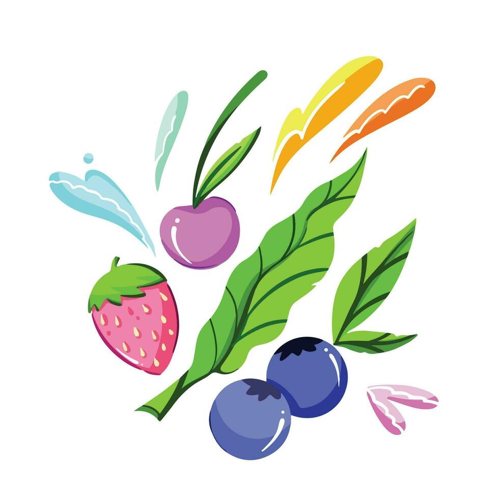 Abstract blueberry, strawberry, and a single cherry and green leaves with pop and fun colors vector illustration isolated on square. Simple flat colored cartoon art styled drawing.