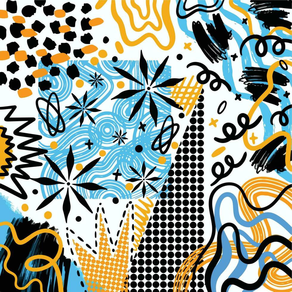 Fun doodle style vector background with blue, black, and orange scribble decorations isolated on square white template. Simple flat cartoon wallpaper poster backdrop.