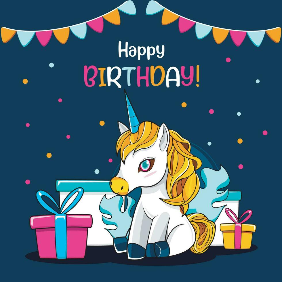 contento cumpleaños saludo tarjeta con regalo y linda pequeño unicornios vector ilustración Pro descargar