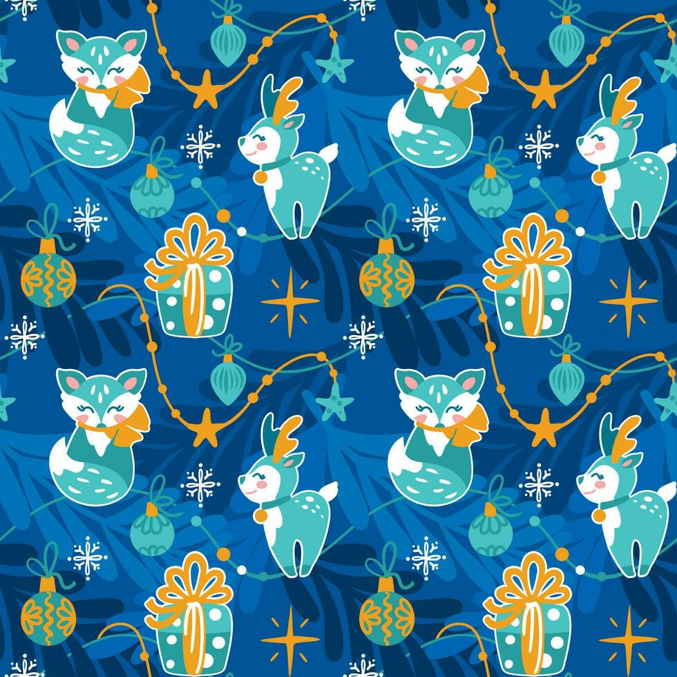The Christmas tree is decorated with a garland, balls in the shape of a fox and a deer. Seamless pattern. Vector. vector