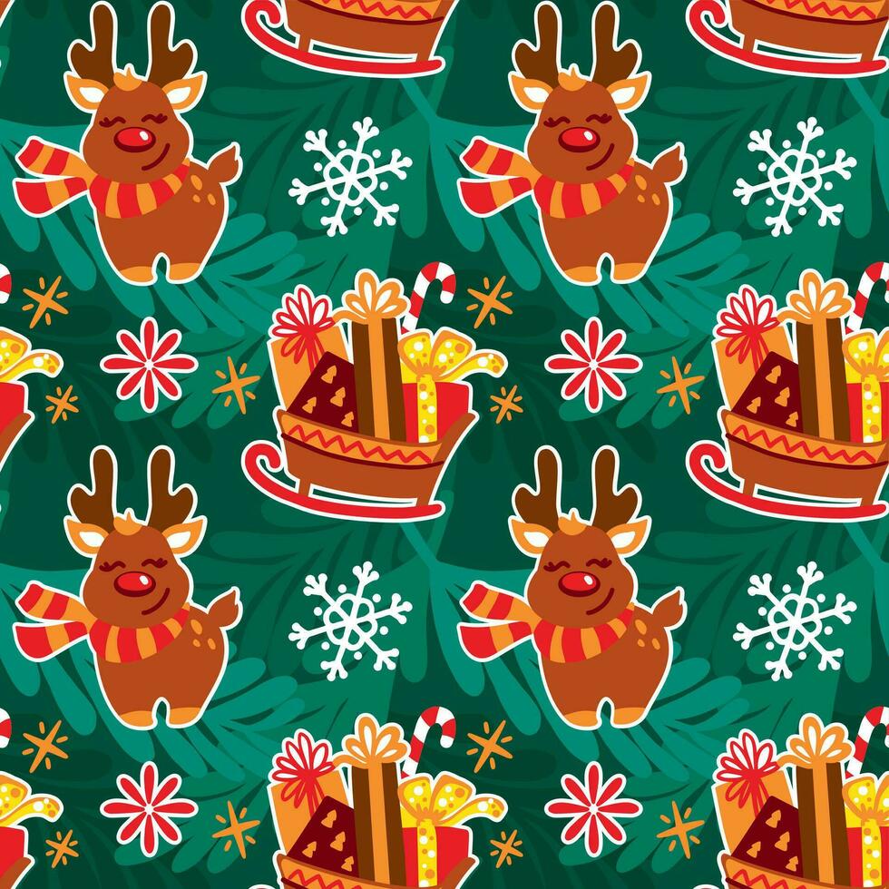 Santa's sleigh full of gifts. Cute deer. Christmas print. Seamless pattern. vector