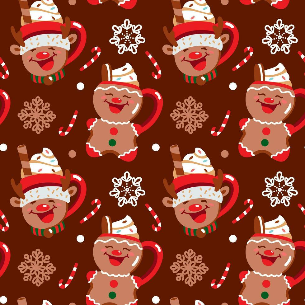 Christmas cocoa with cream and marshmallow. Cute cups in the shape of a deer and gingerbread cookies. Christmas print. Seamless pattern. Vector. vector
