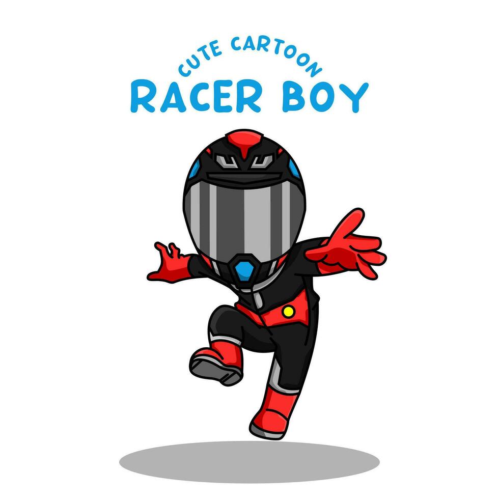 Cute Cartoon racer boy wearing helmet and racing suit vector illustration.