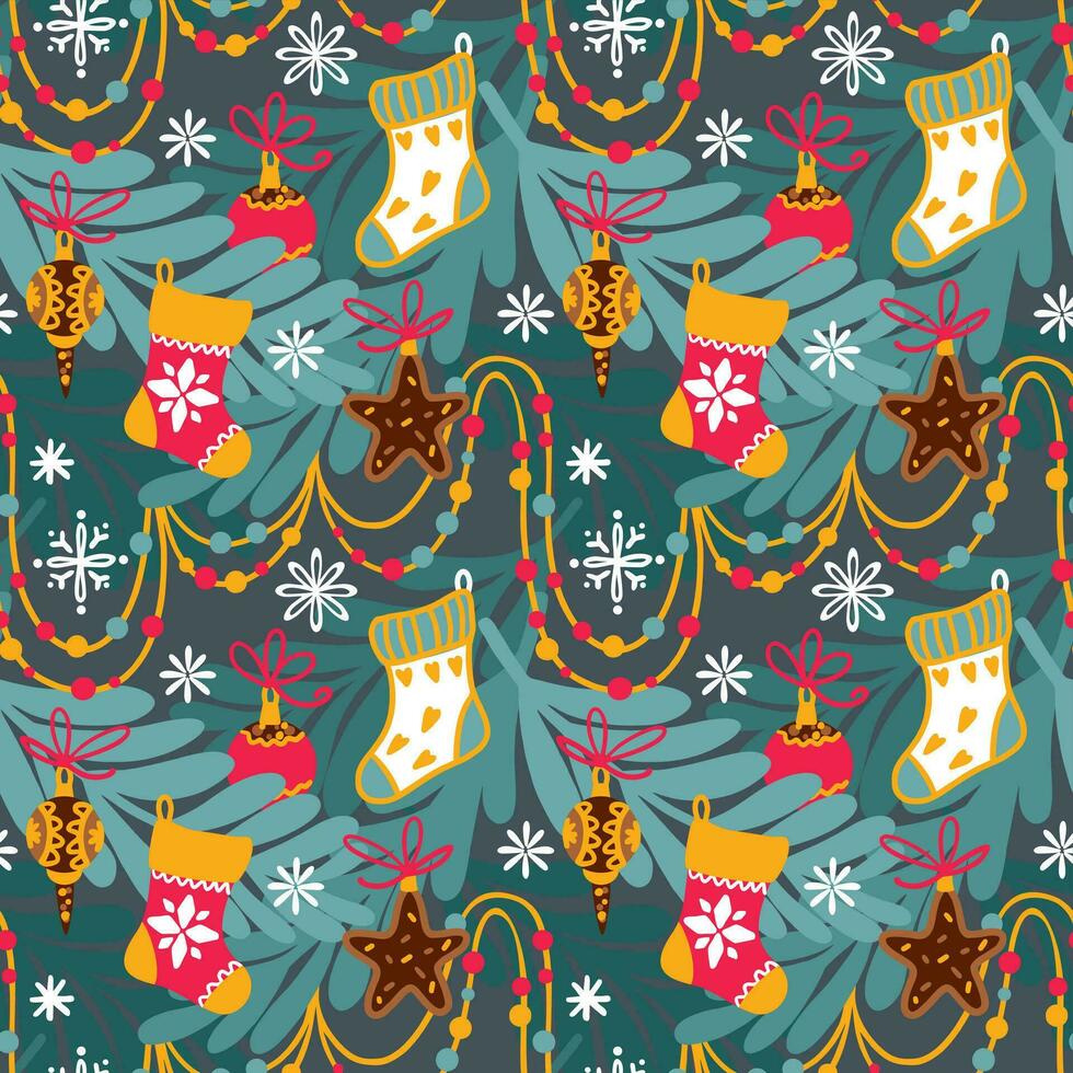 Christmas tree decorated with garland, balls and Christmas socks. Seammless pattern. Vector. vector