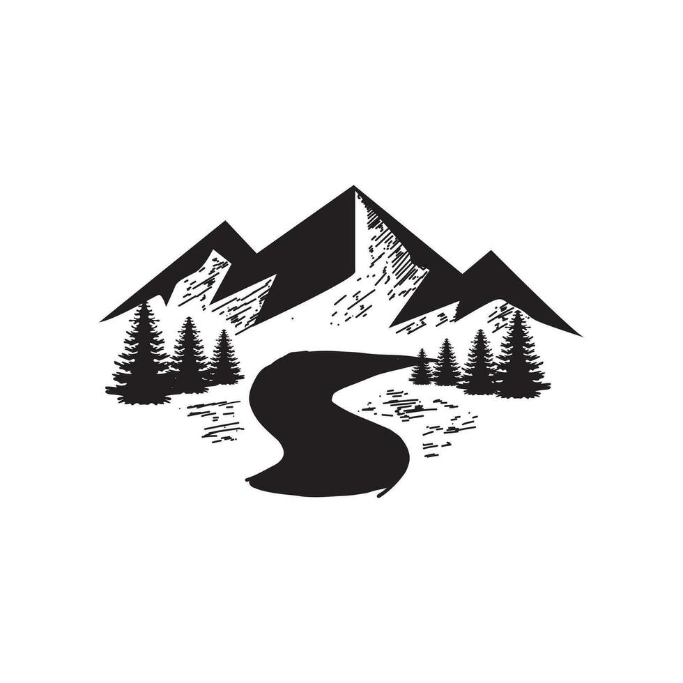 hand drawn mountain design. illustration of mountains and pine trees. for travel, hiking and outdoor activities vector