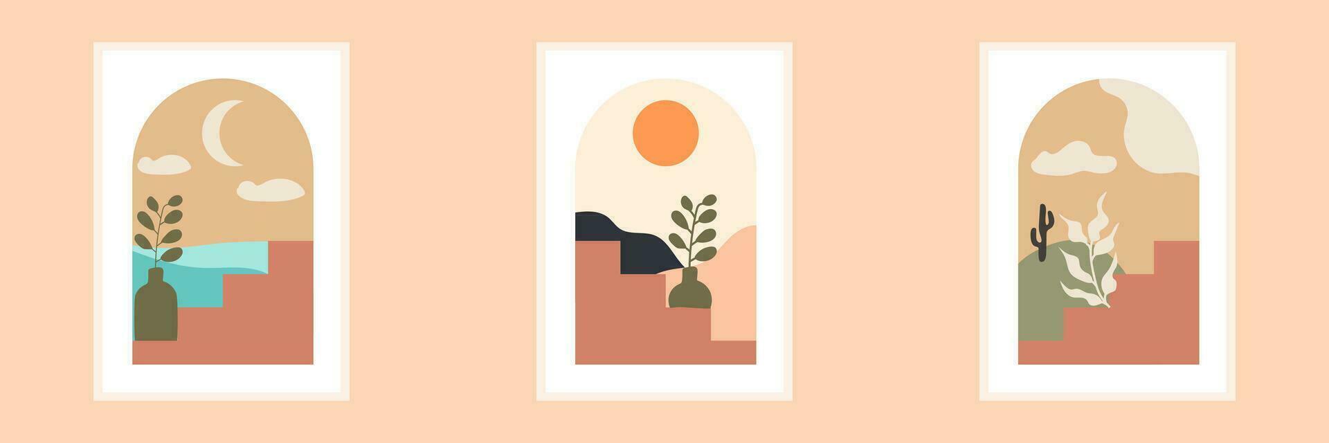 Abstract contemporary aesthetic background with desert landscape,vases,Sun.  Earth tones, burnt orange, terracotta colors.  Boho wall decor.  Mid century modern minimalist art print. vector
