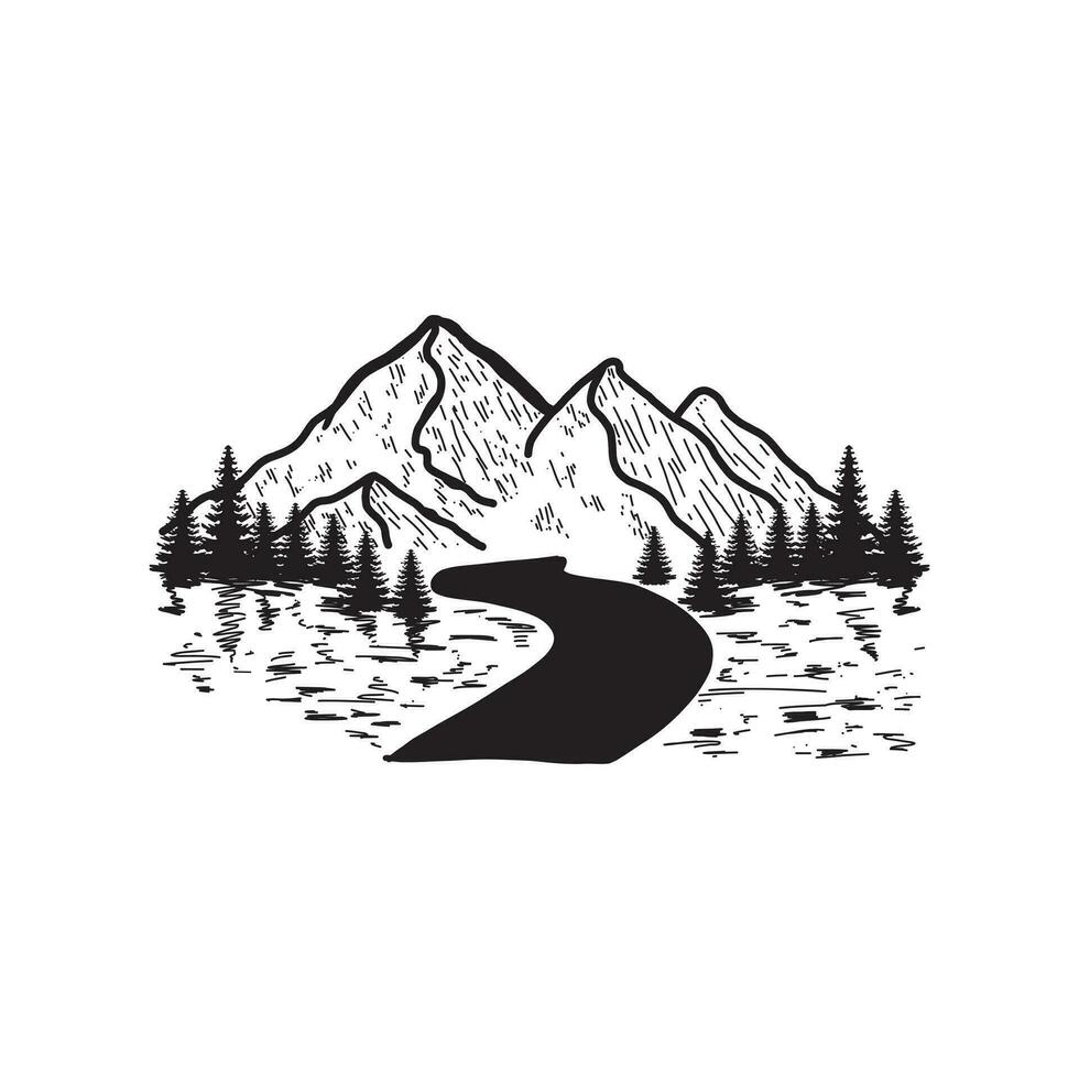 hand drawn mountain design. illustration of mountains and pine trees. for travel, hiking and outdoor activities vector