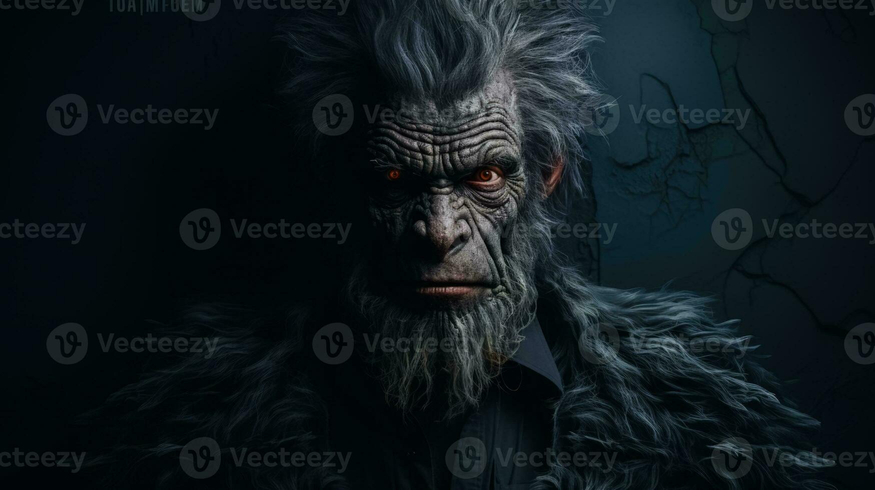 Turning into an animal or creature half man on dark background with a place for text photo