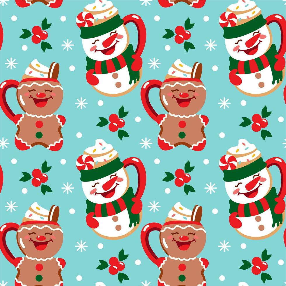 Cute cups in the shape of a snowman and gingerbread cookies. Christmas mood. Seamless pattern. Vector. vector