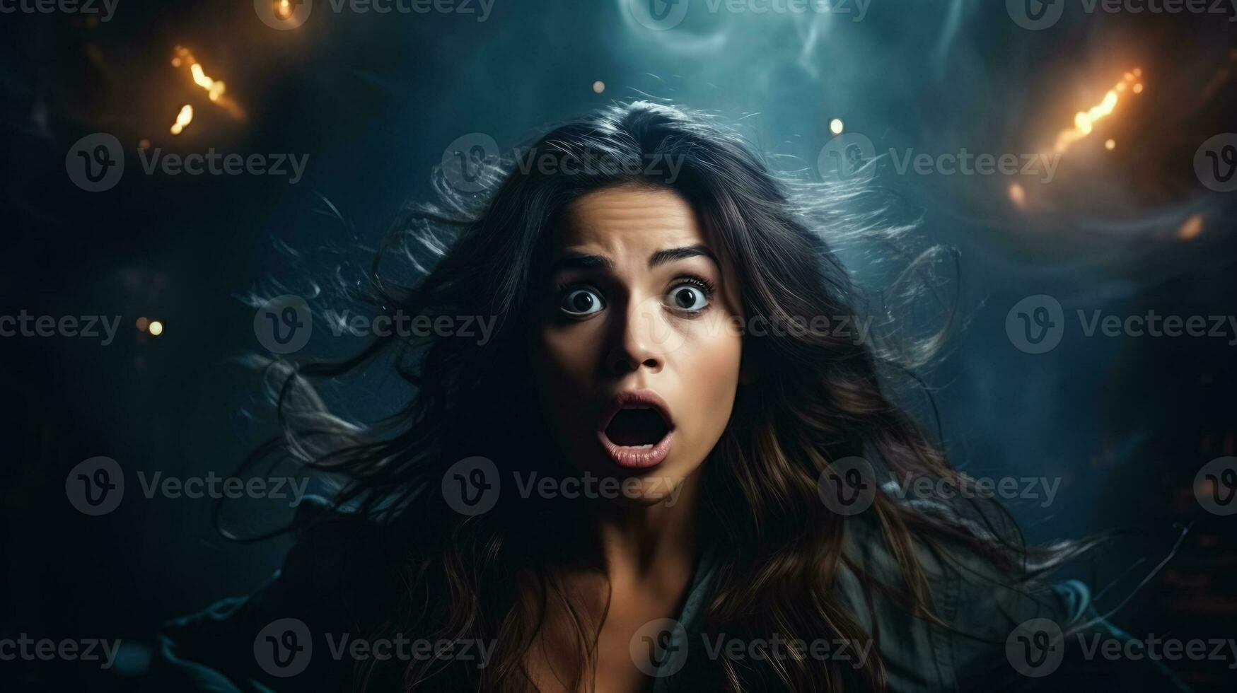 Mystic shocked flying woman shocked on dark background with a place for text photo