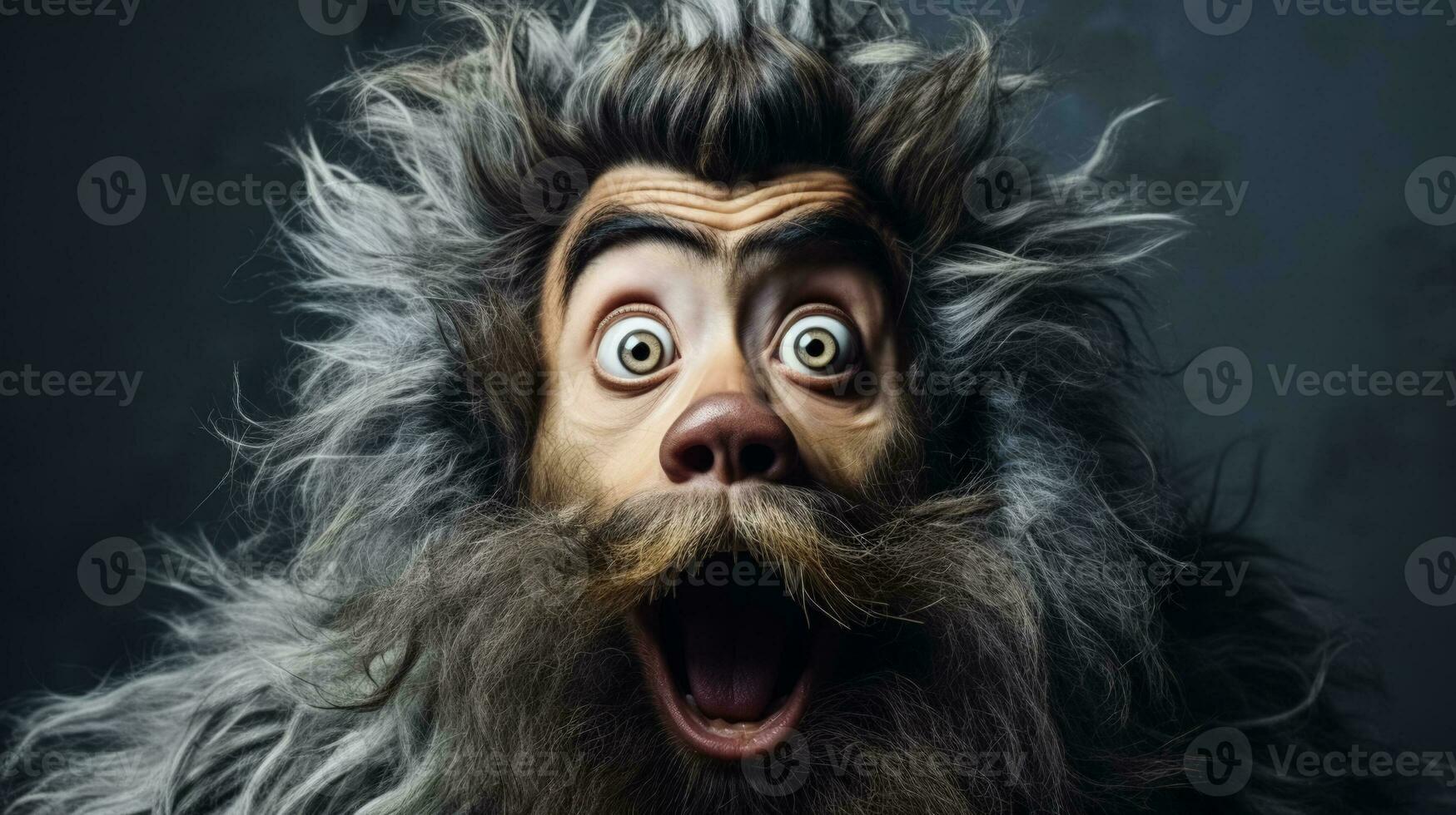 Turning into an animal or creature half man shocked face on dark background with a place for text photo